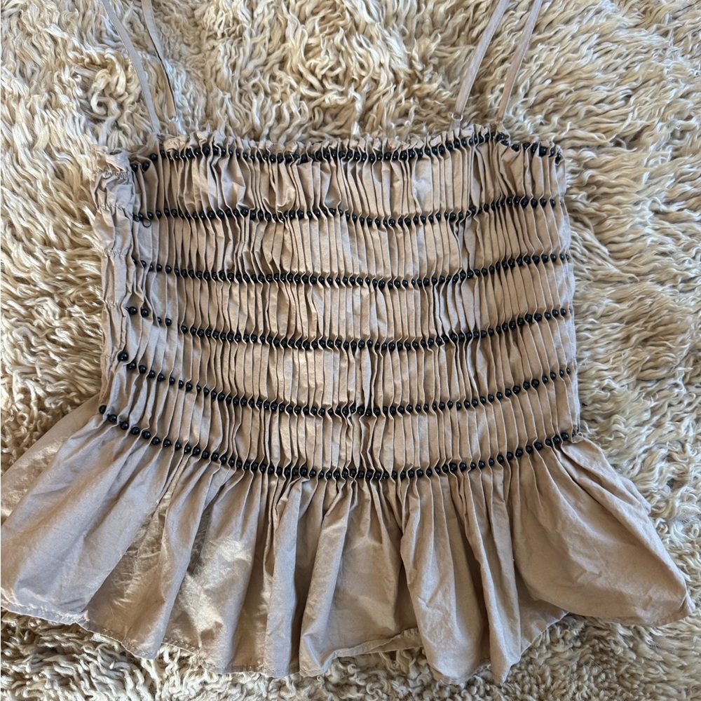 Zara Beige with Black Beaded Pleats Camisole Top